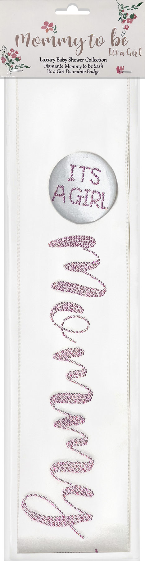 White Mommy to be Sash with It’s a Girl Badge with decorative stones