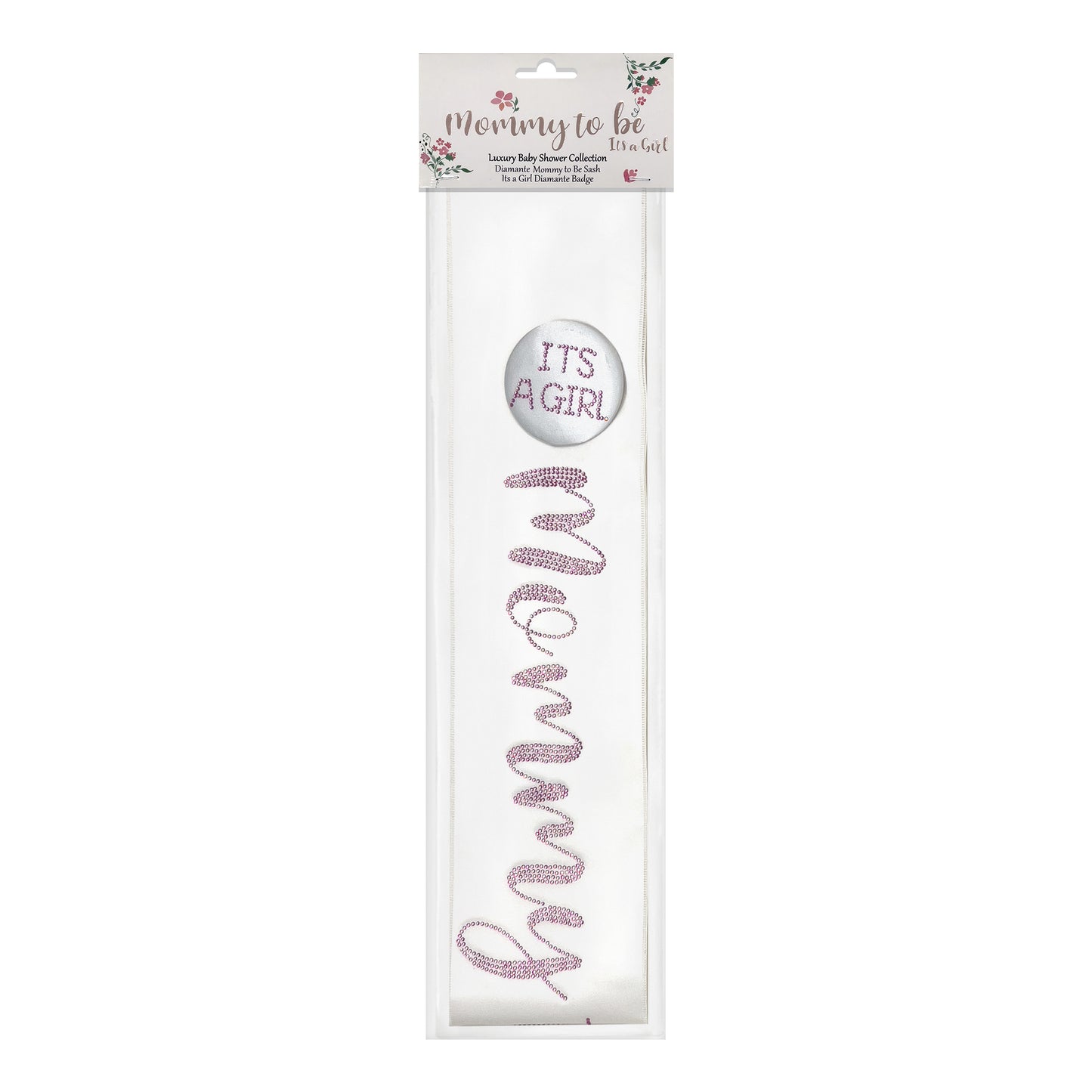 White Mommy to be Sash with It’s a Girl Badge with decorative stones