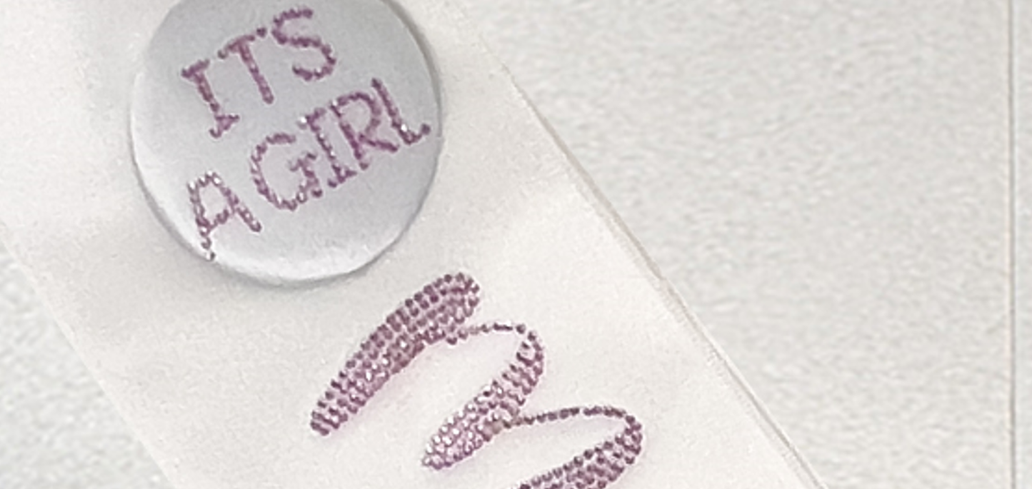 White Mommy to be Sash with It’s a Girl Badge with decorative stones