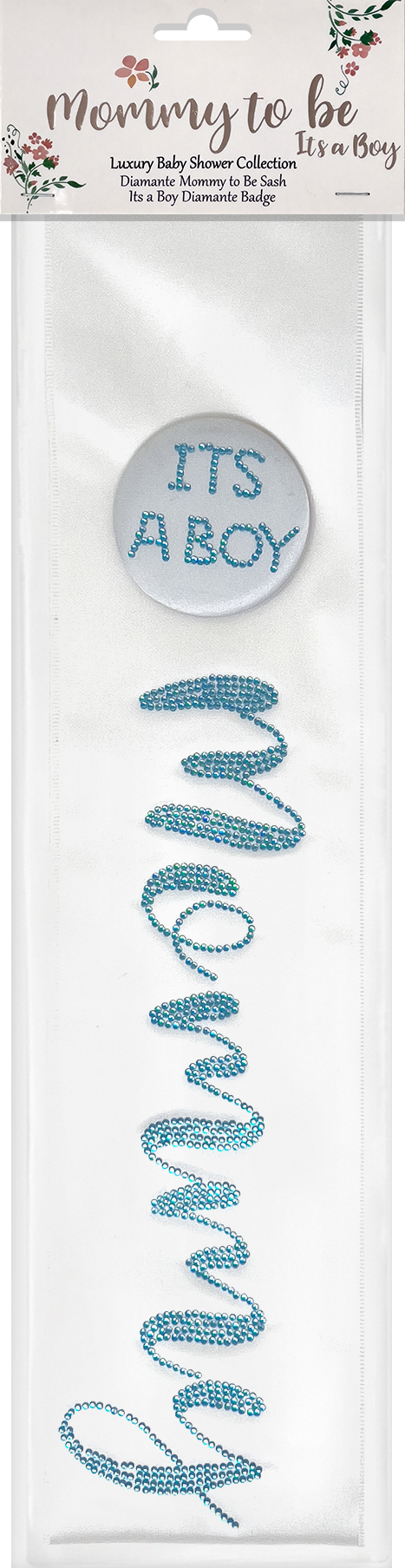 White Mommy to be Sash with It’s a Boy Badge with decorative stones