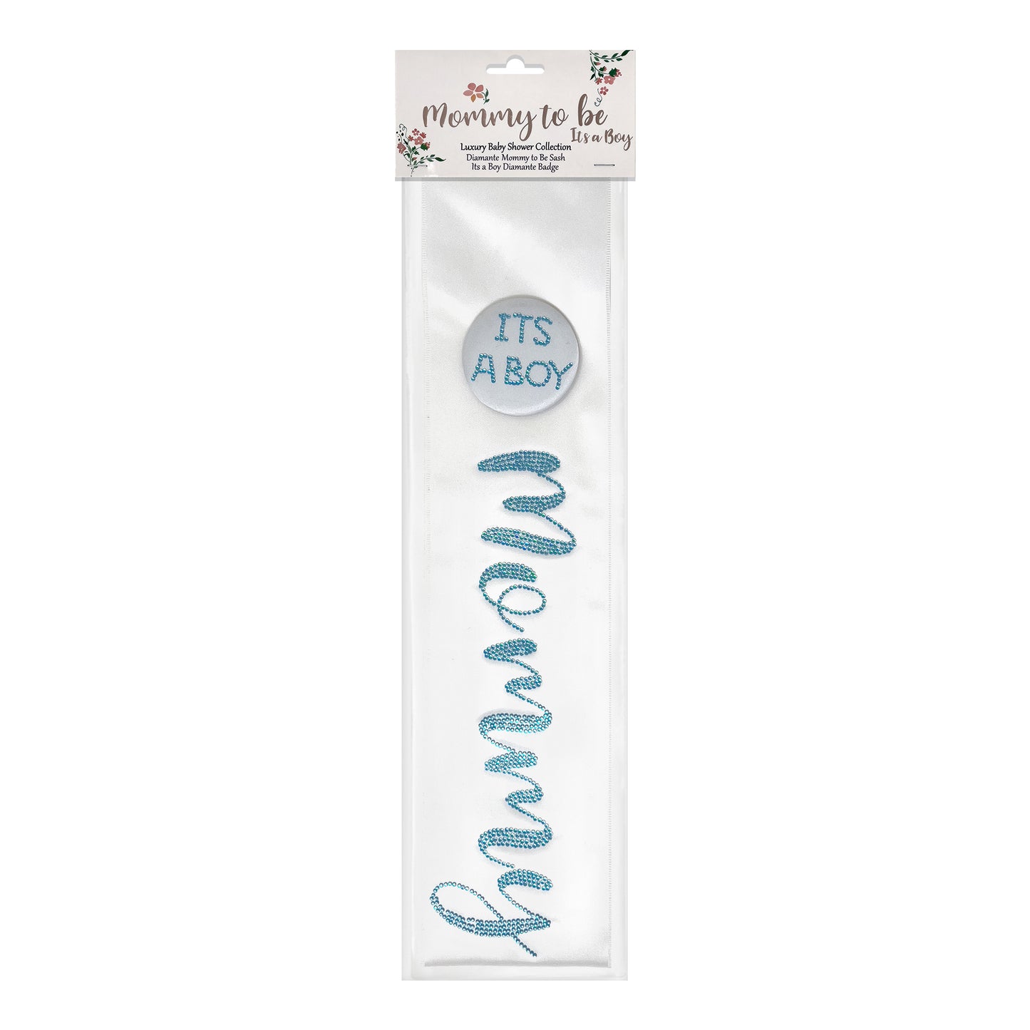 White Mommy to be Sash with It’s a Boy Badge with decorative stones