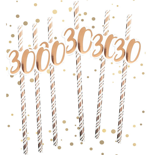 30th Birthday Rose Gold Straws (Pack of 6)
